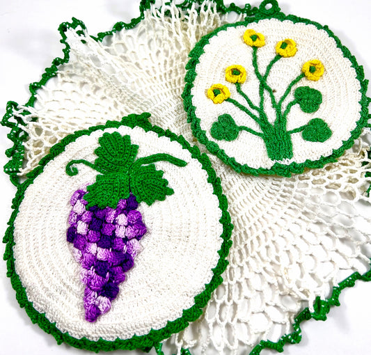 Crocheted Garden Potholder Pair, Yellow Buttercups and Grapes, Mid-century