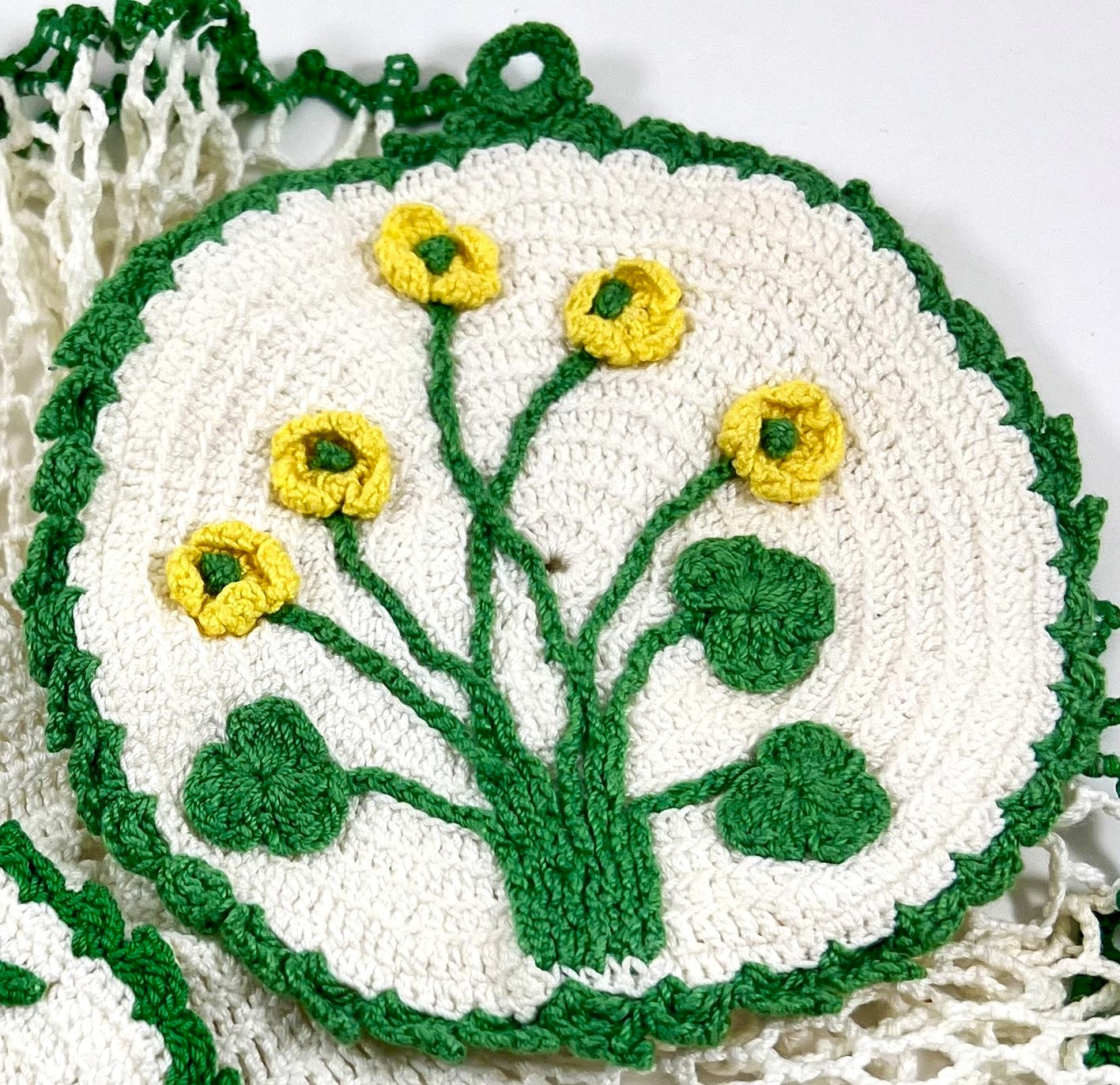 Crocheted Garden Potholder Pair, Yellow Buttercups and Grapes, Mid-century