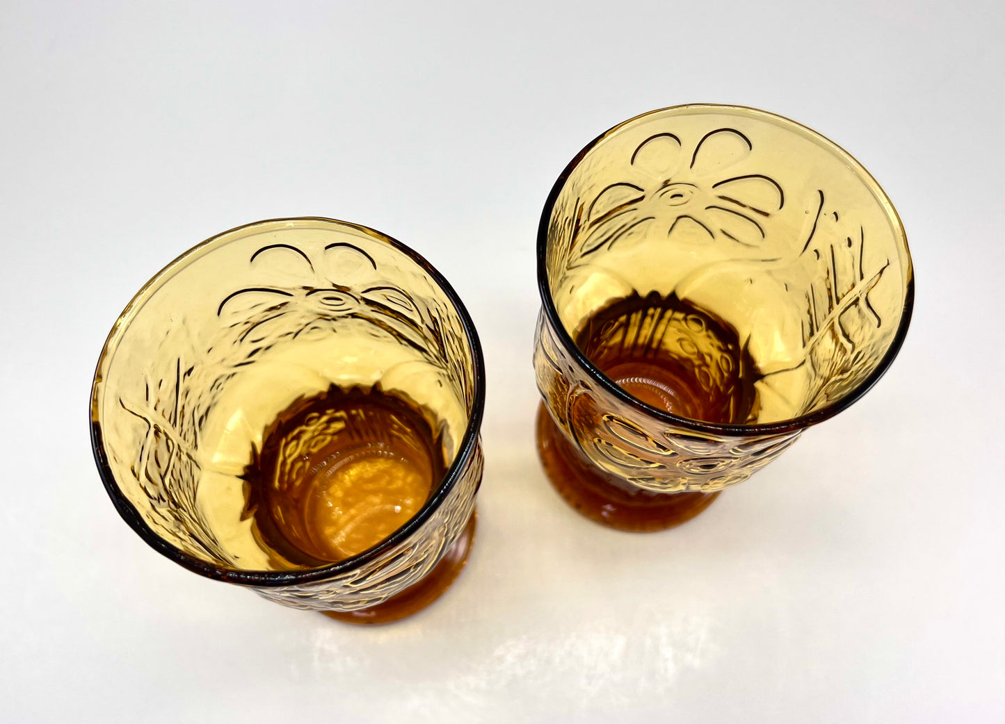 Libbey "Country Garden Daisy" Amber Drinks Glasses, Set of 2, 1970s