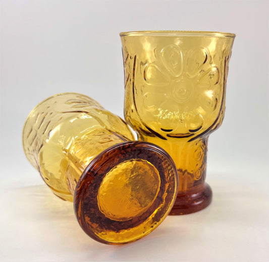 Libbey "Country Garden Daisy" Amber Drinks Glasses, Set of 2, 1970s
