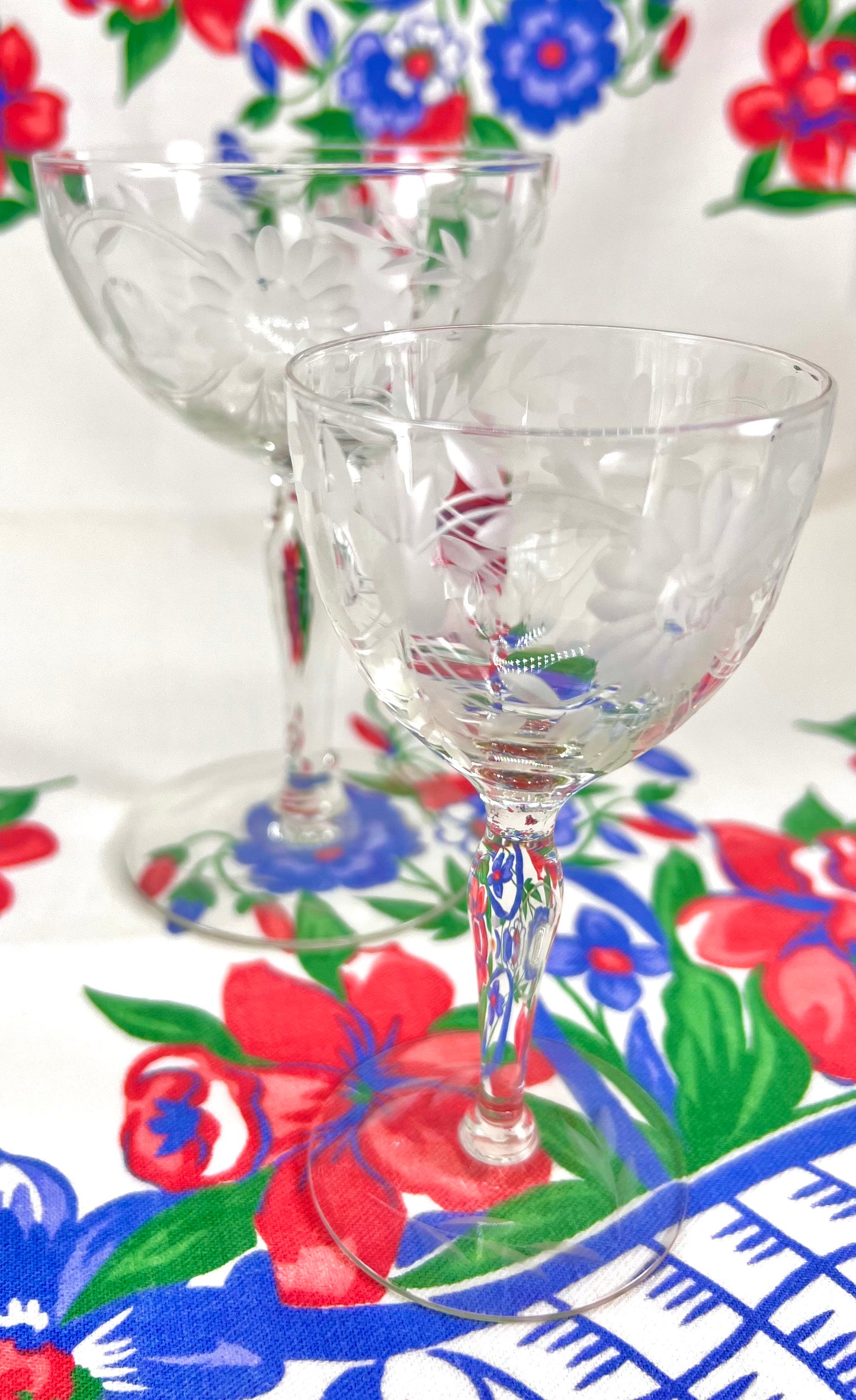 Etched Glass Cordial Glasses, Floral and Vine Pattern, Set of 6