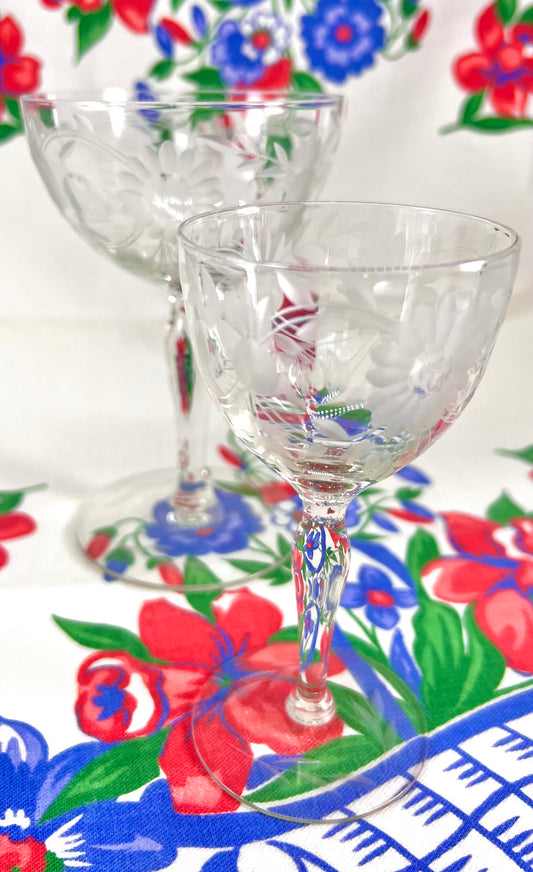 Etched Glass Cordial Glasses, Floral and Vine Pattern, Set of 6
