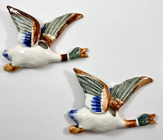 Mallard Duck Ceramic Wall Pocket Pair, Occupied Japan, 1940s