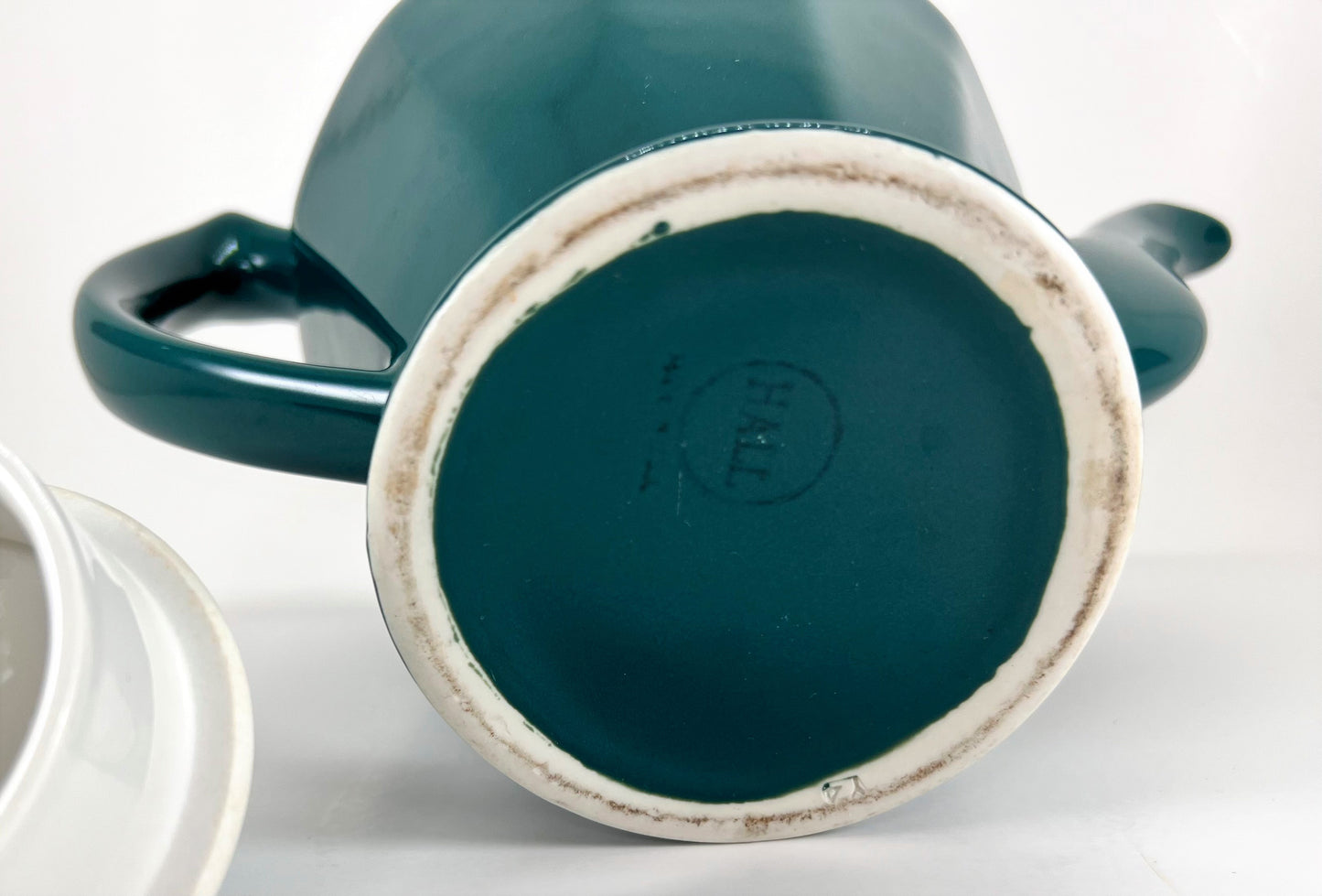 Hall China Teapot, Albany Pattern, Dark Green Teal with White Interior, 1930s