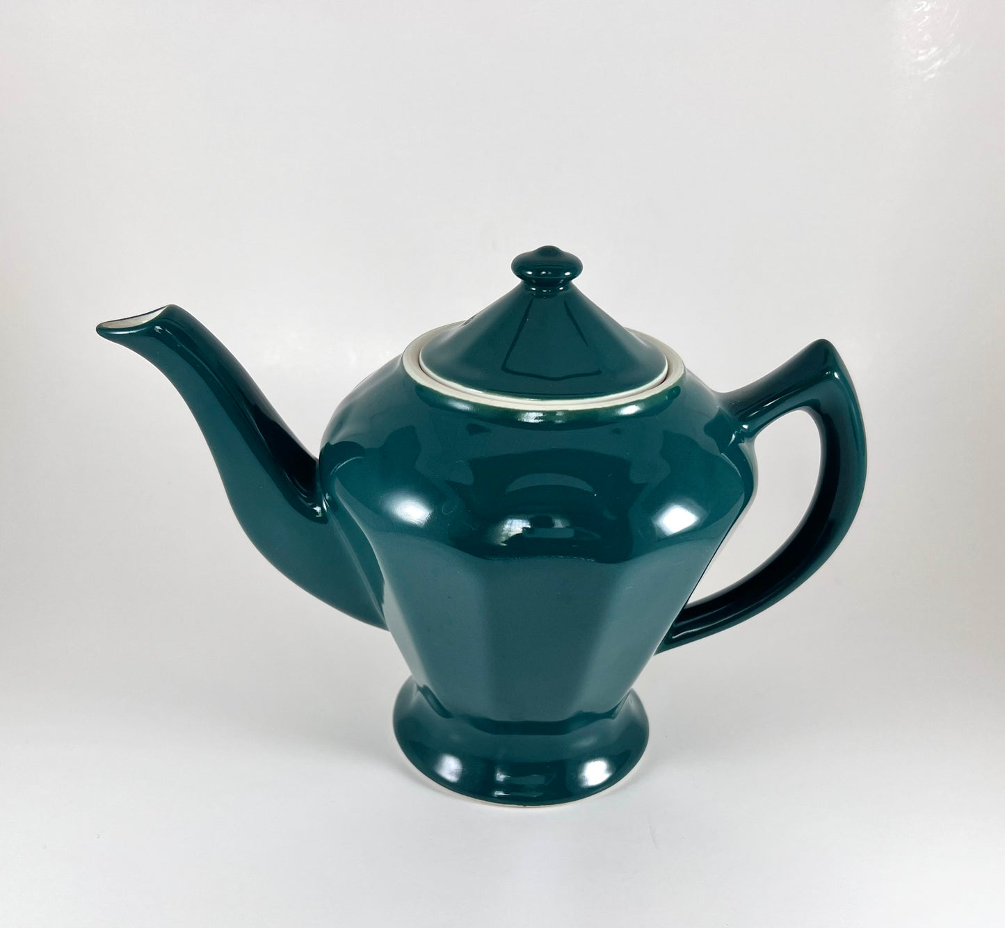 Hall China Teapot, Albany Pattern, Dark Green Teal with White Interior, 1930s