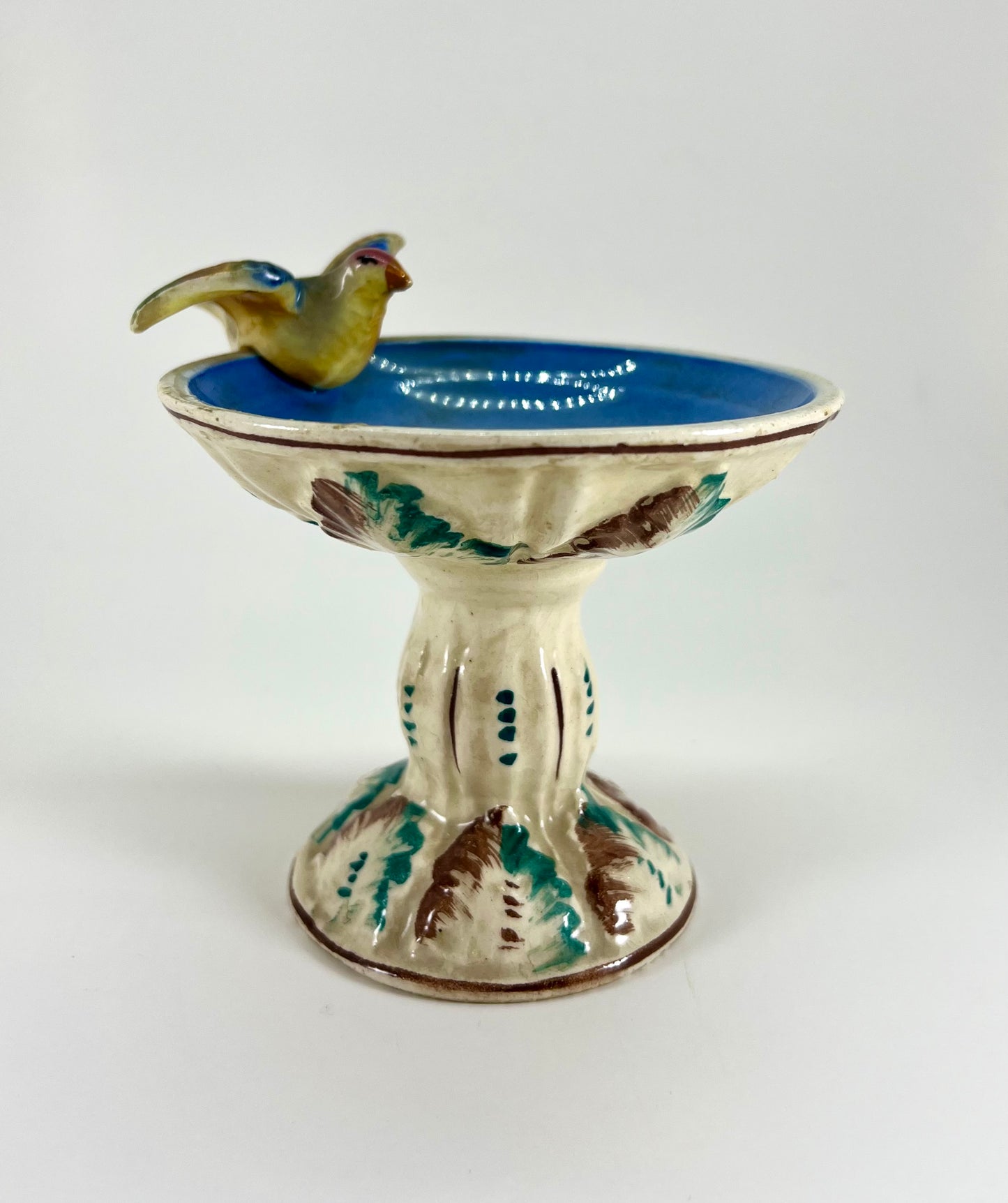 Italian Ceramic Birdbath with Bird Candle Holder Vase