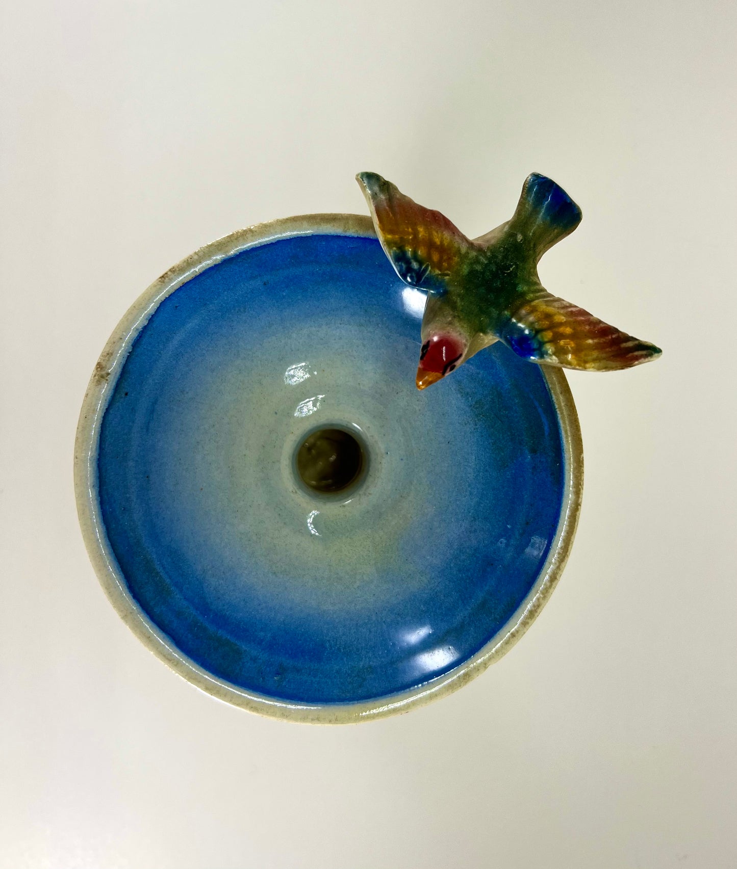 Italian Ceramic Birdbath with Bird Candle Holder Vase