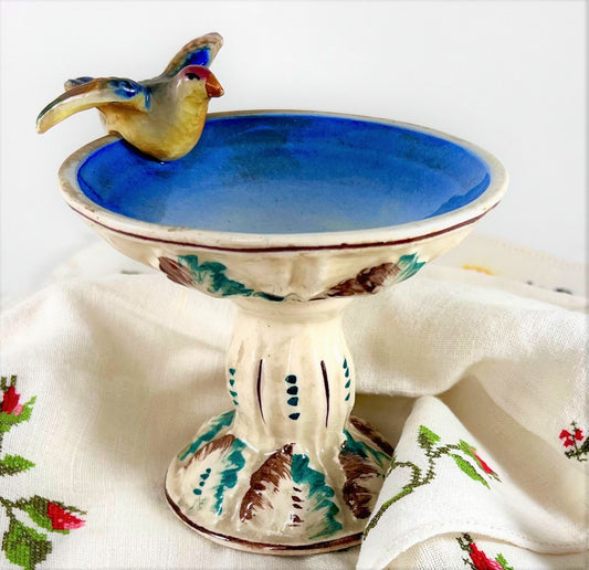 Italian Ceramic Birdbath with Bird Candle Holder Vase