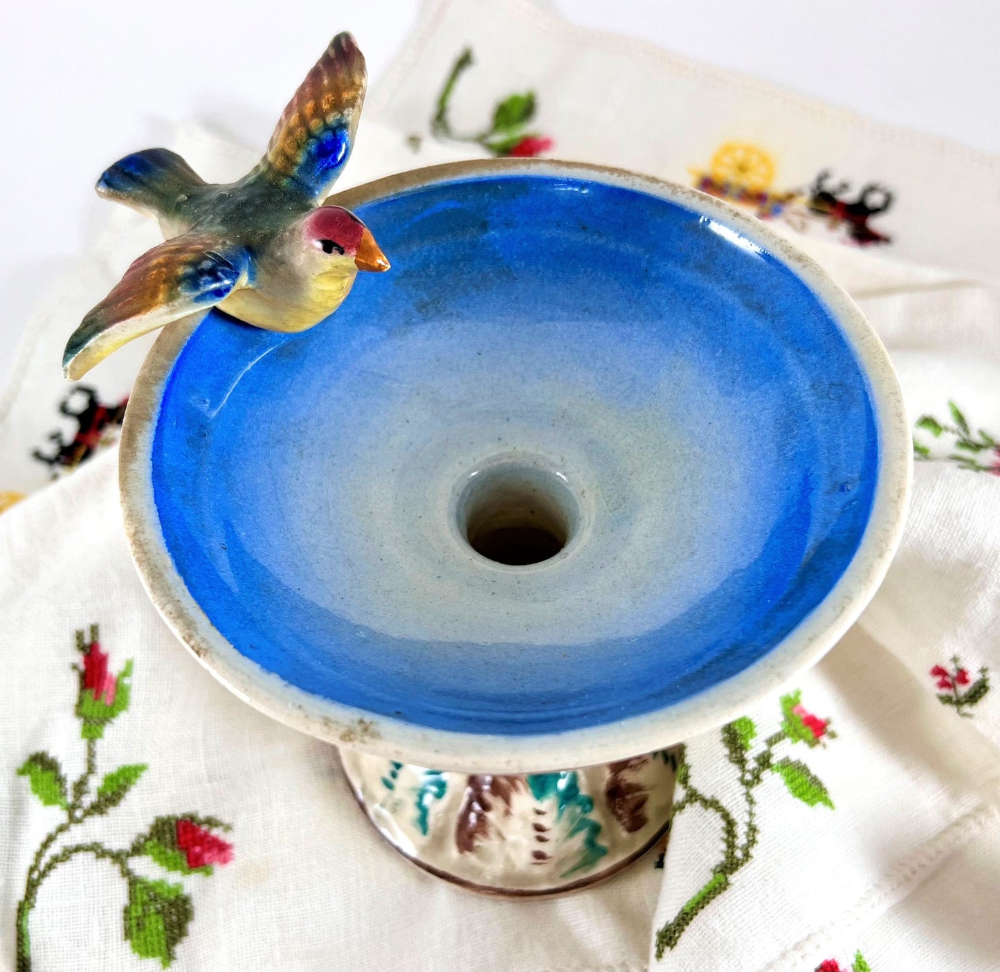 Italian Ceramic Birdbath with Bird Candle Holder Vase