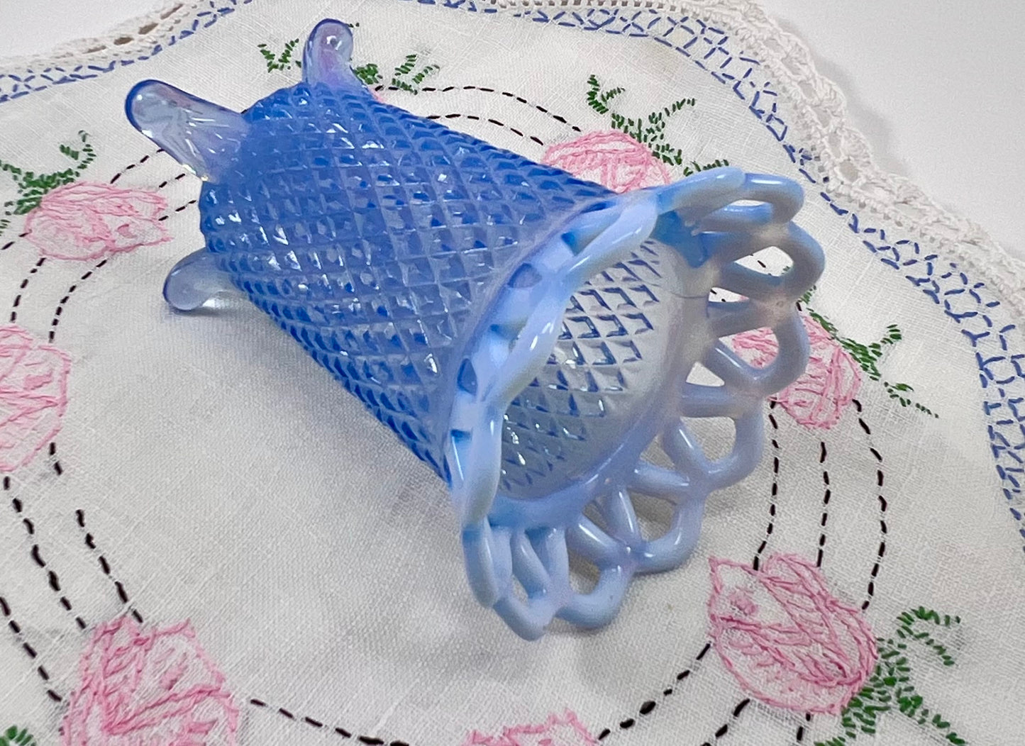 Blue Opalescent Pressed Glass Lace Rim Vase