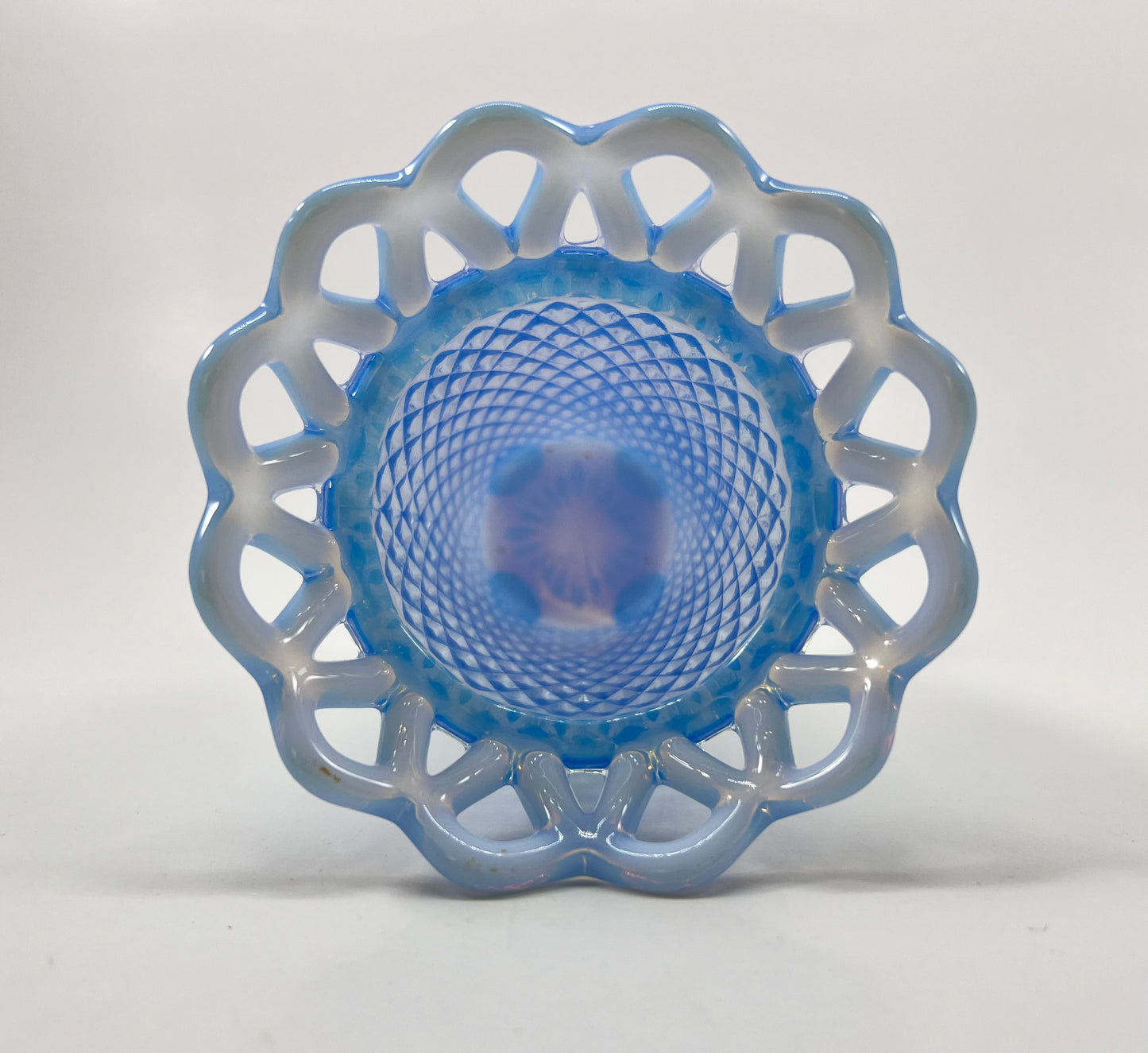 Blue Opalescent Pressed Glass Lace Rim Vase