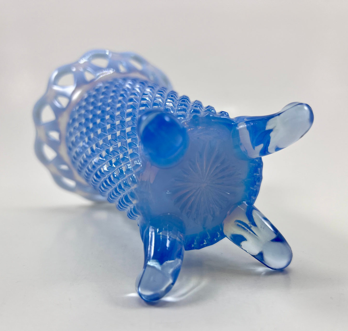 Blue Opalescent Pressed Glass Lace Rim Vase