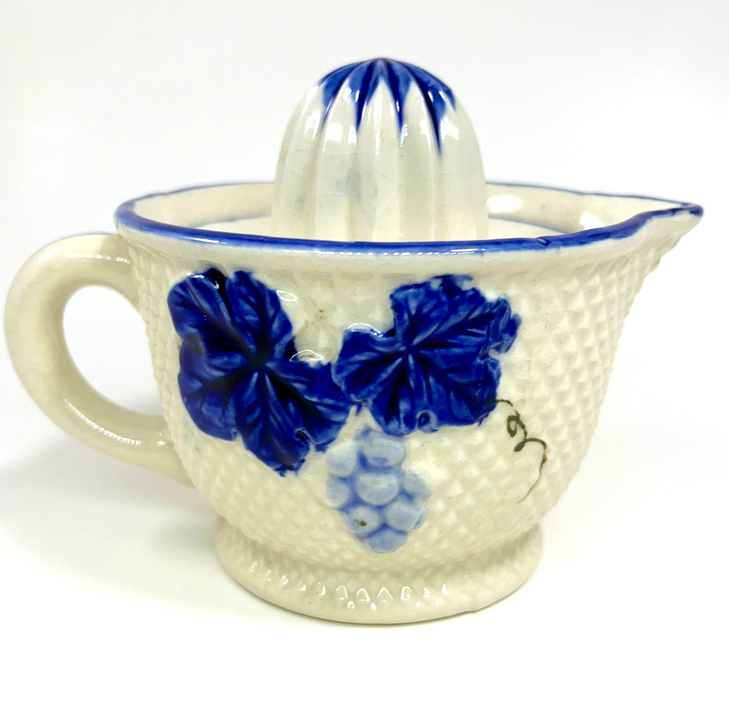 Grapevine Ceramic Reamer Juice & Pitcher, Blue and White, 1920s-1930s Japan