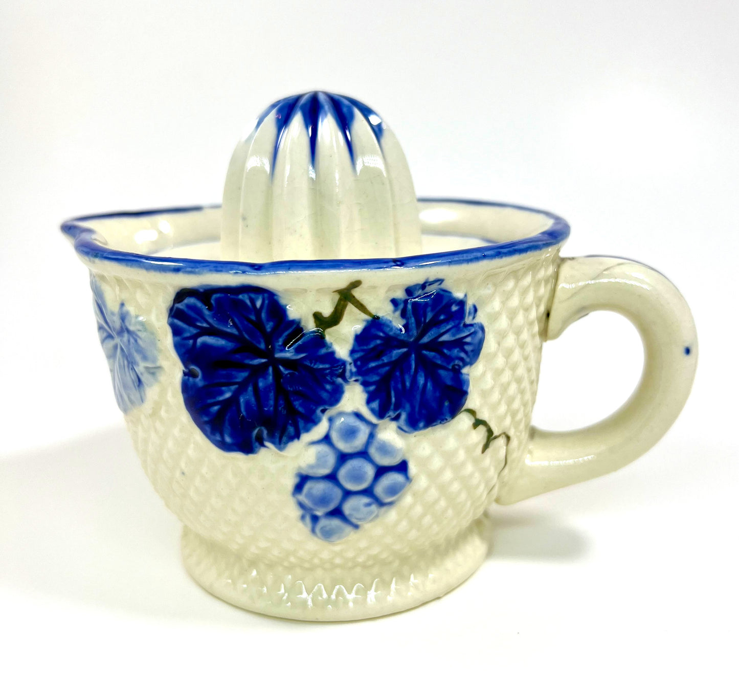 Grapevine Ceramic Reamer Juice & Pitcher, Blue and White, 1920s-1930s Japan