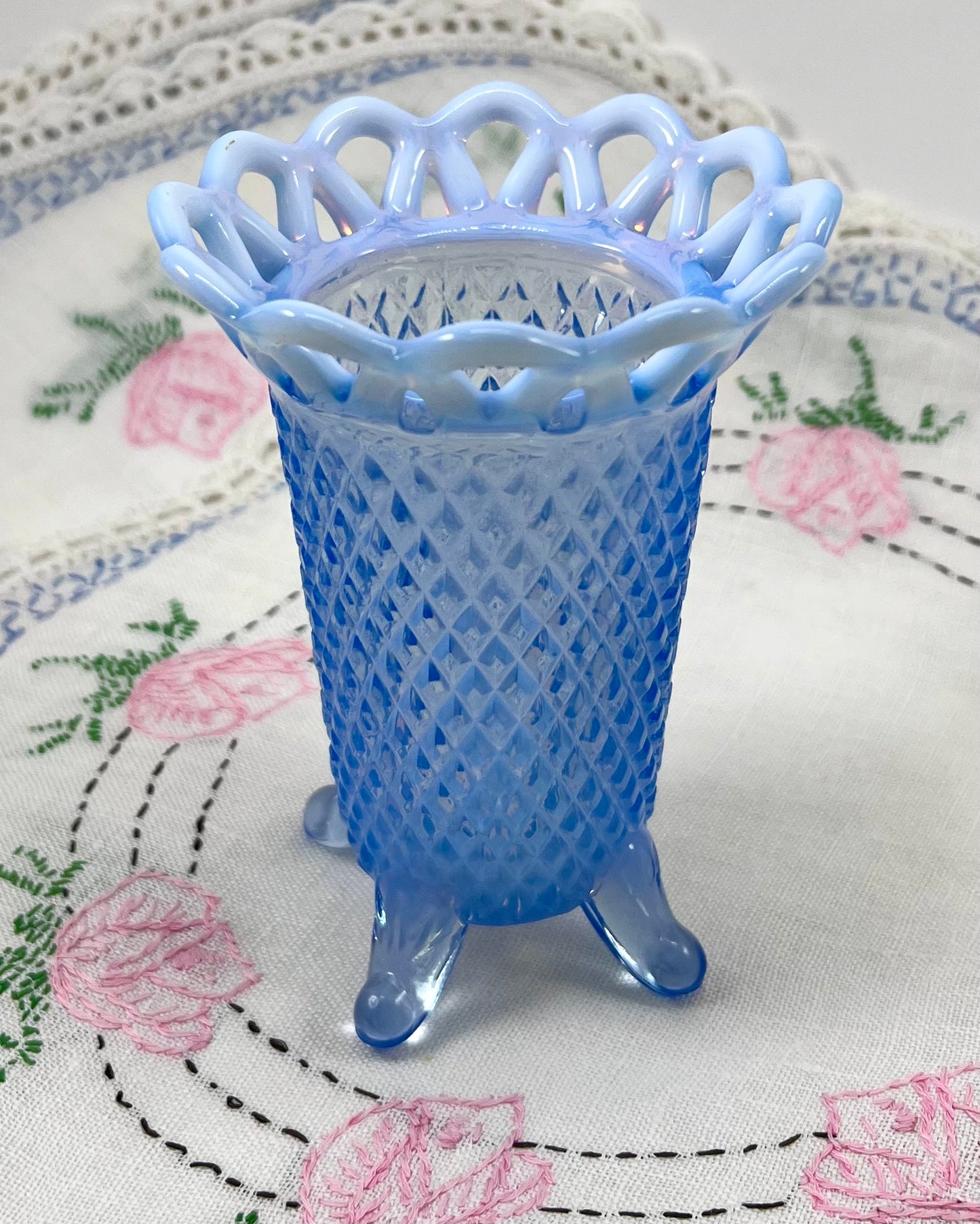 Blue Opalescent Pressed Glass Lace Rim Vase
