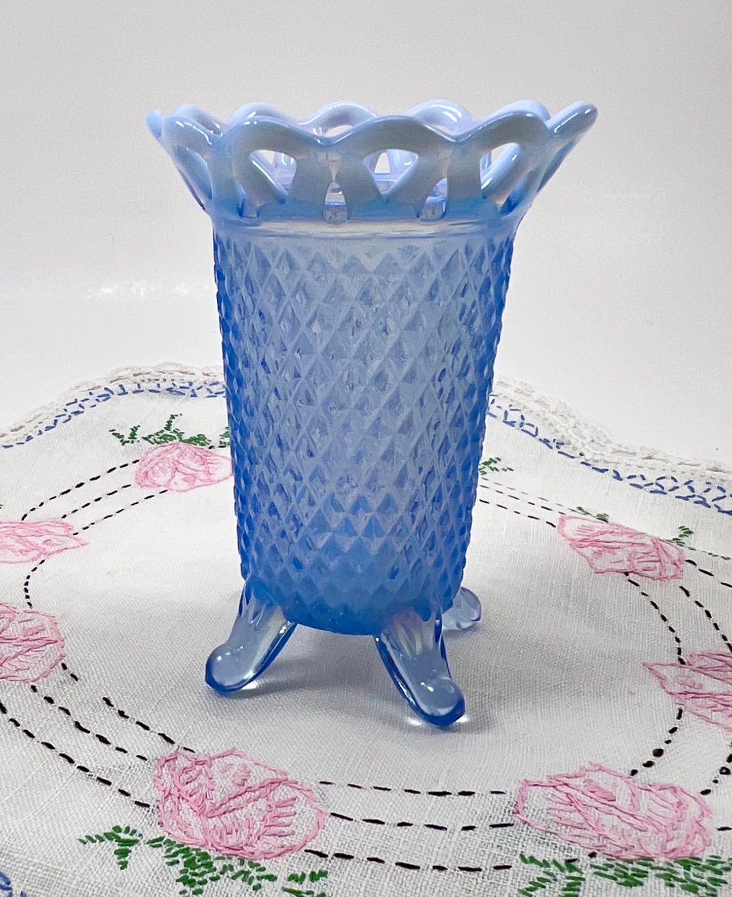 Blue Opalescent Pressed Glass Lace Rim Vase