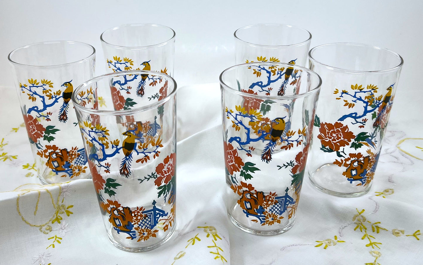 Mid-century Jewel-toned Drinking Glass Set of Six with Garden and Parrot