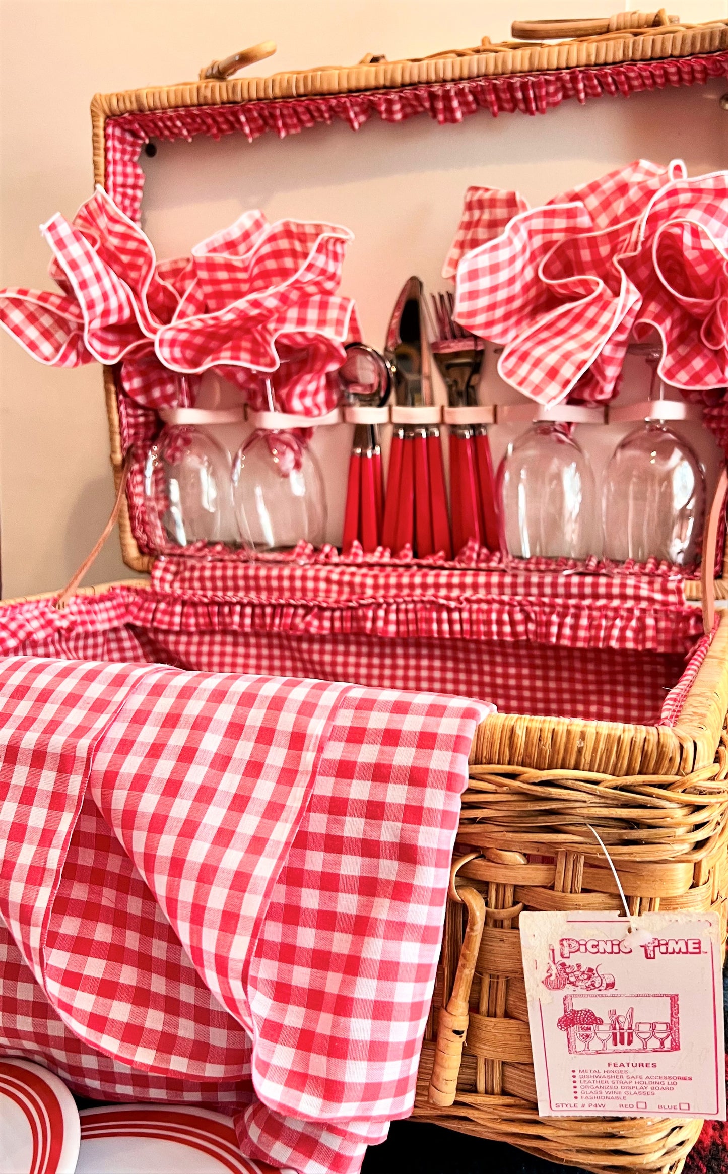 Picnic Basket Set with Red and White Gingham, 1980s by Picnic Time with Original Tag