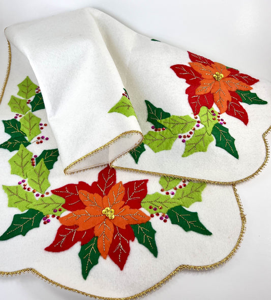 Christmas Table Runner, Hand-crafted Felt with Poinsettia and Holly Embellishments
