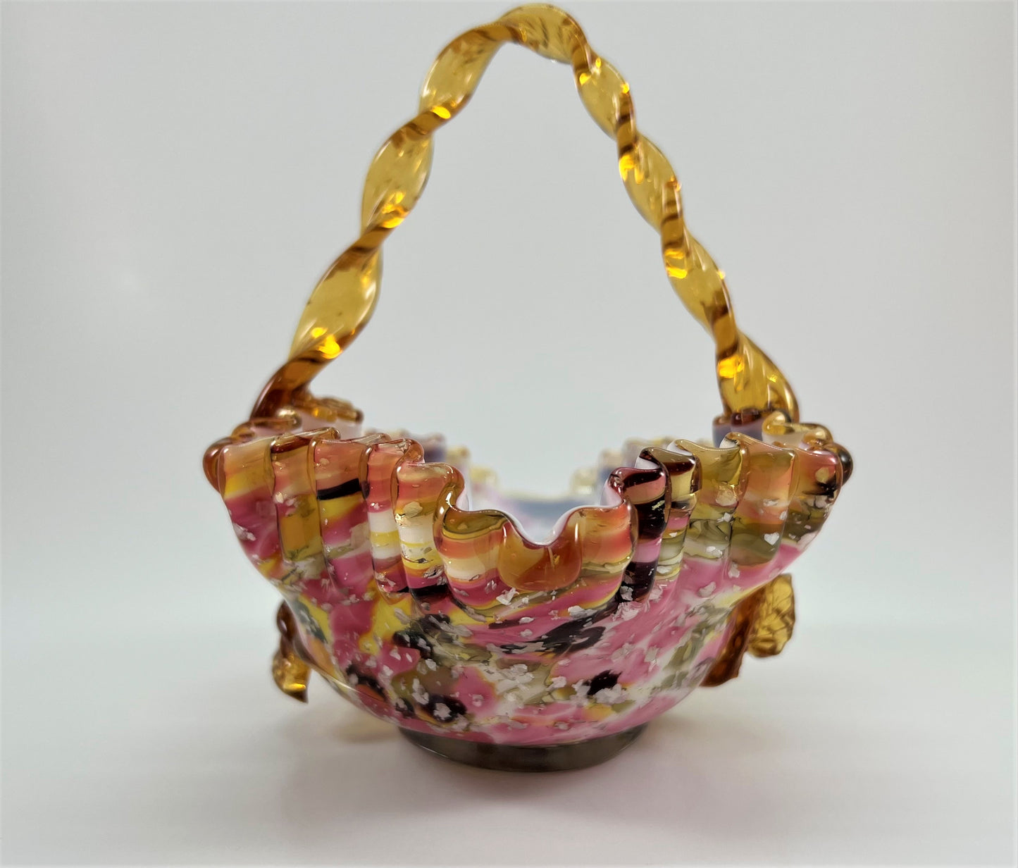 Basket Vase with Rose, Hand-blown Vasa Murrhina Glass