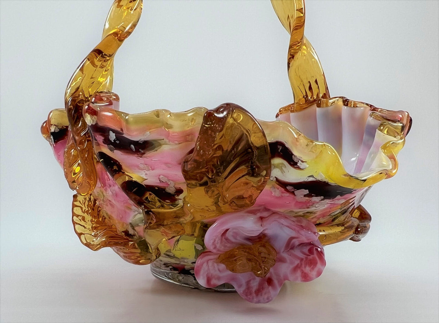 Basket Vase with Rose, Hand-blown Vasa Murrhina Glass