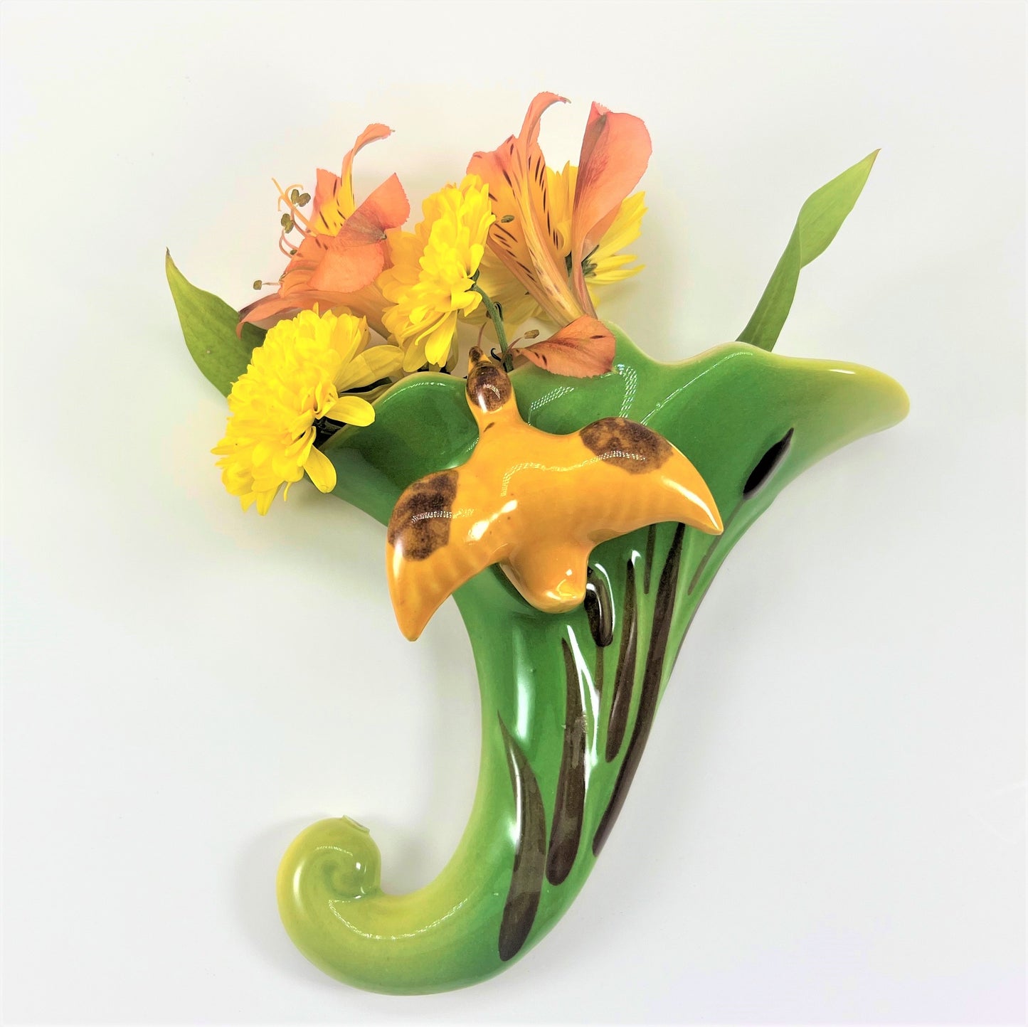 Bird in Garden Wall Pocket, Mid-century Ceramic Hanging Vase