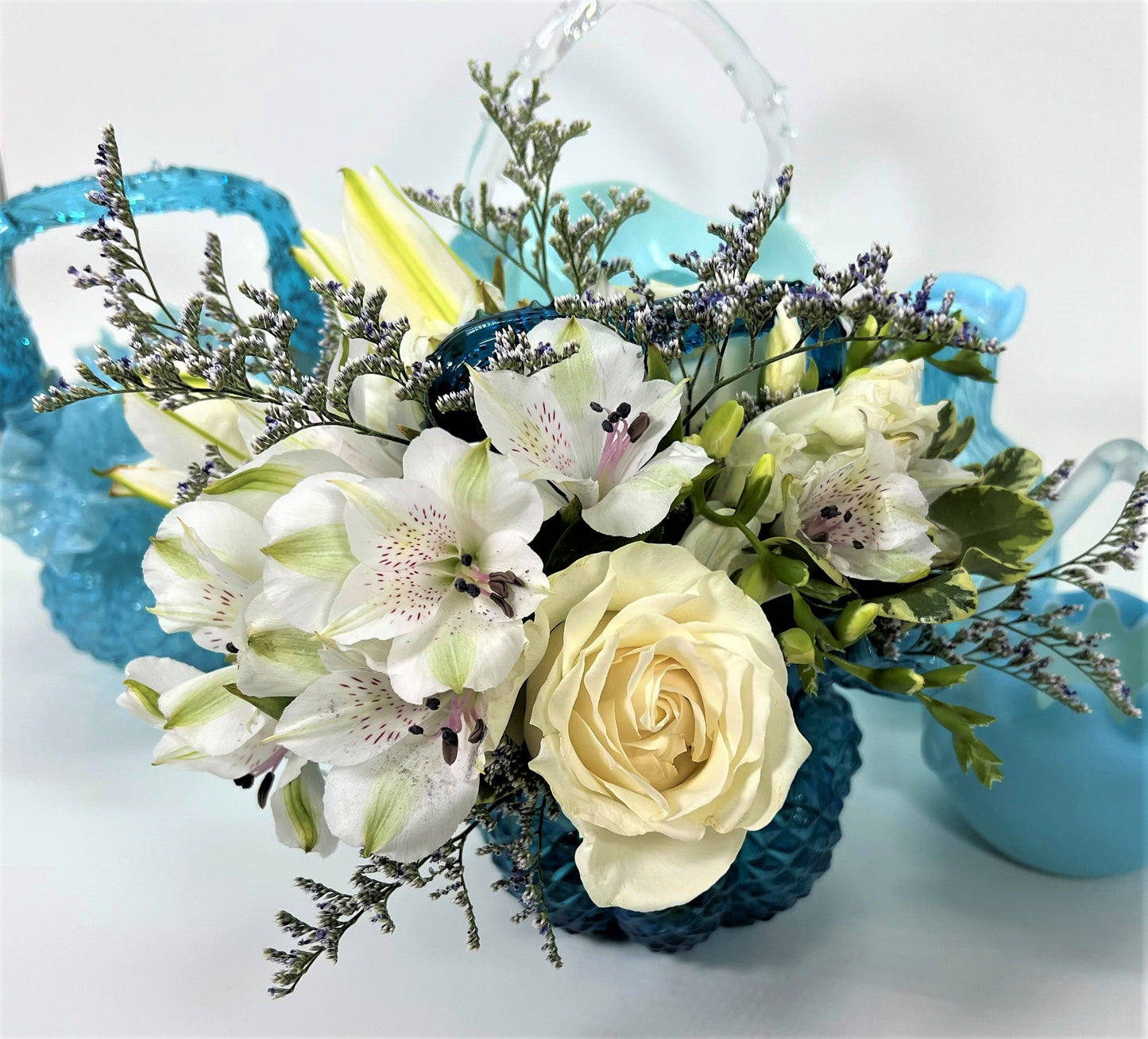 Blue Basket Vase, Victorian Hand-blown Glass with Thorn Handle