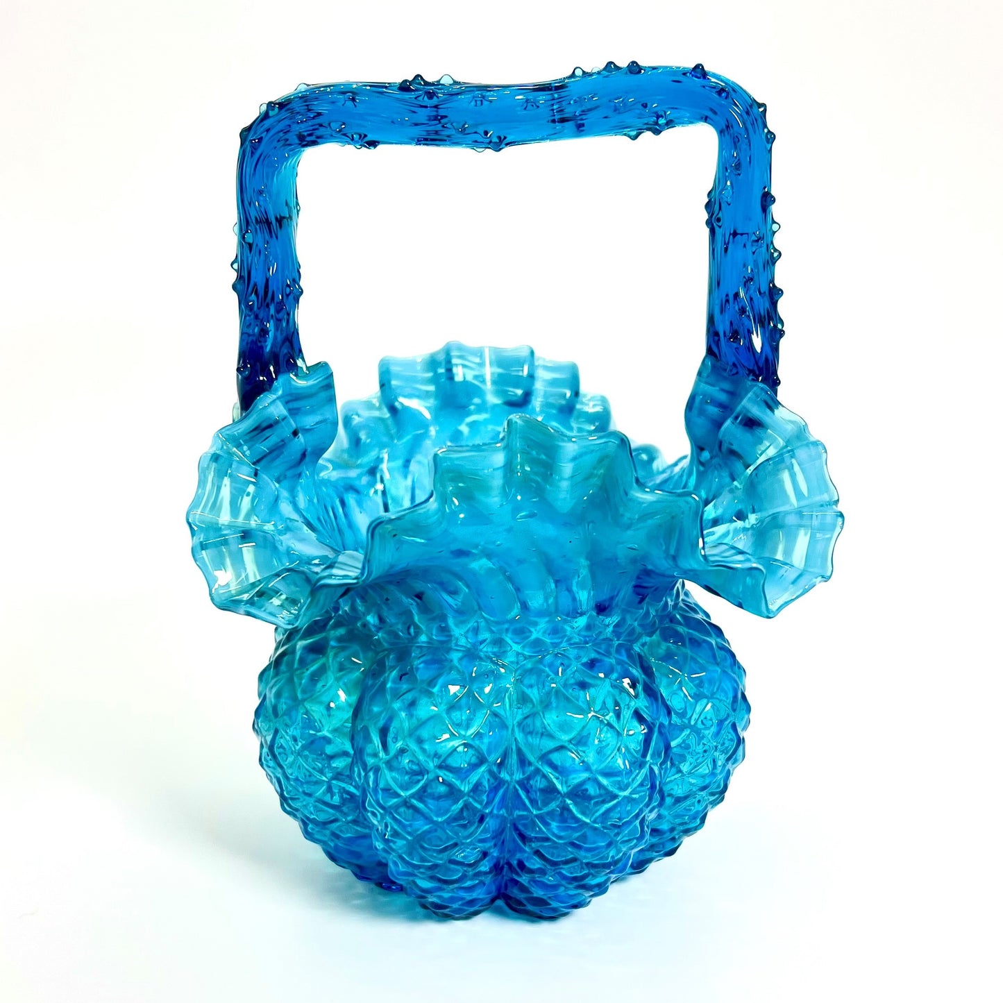 Blue Basket Vase, Victorian Hand-blown Glass with Thorn Handle