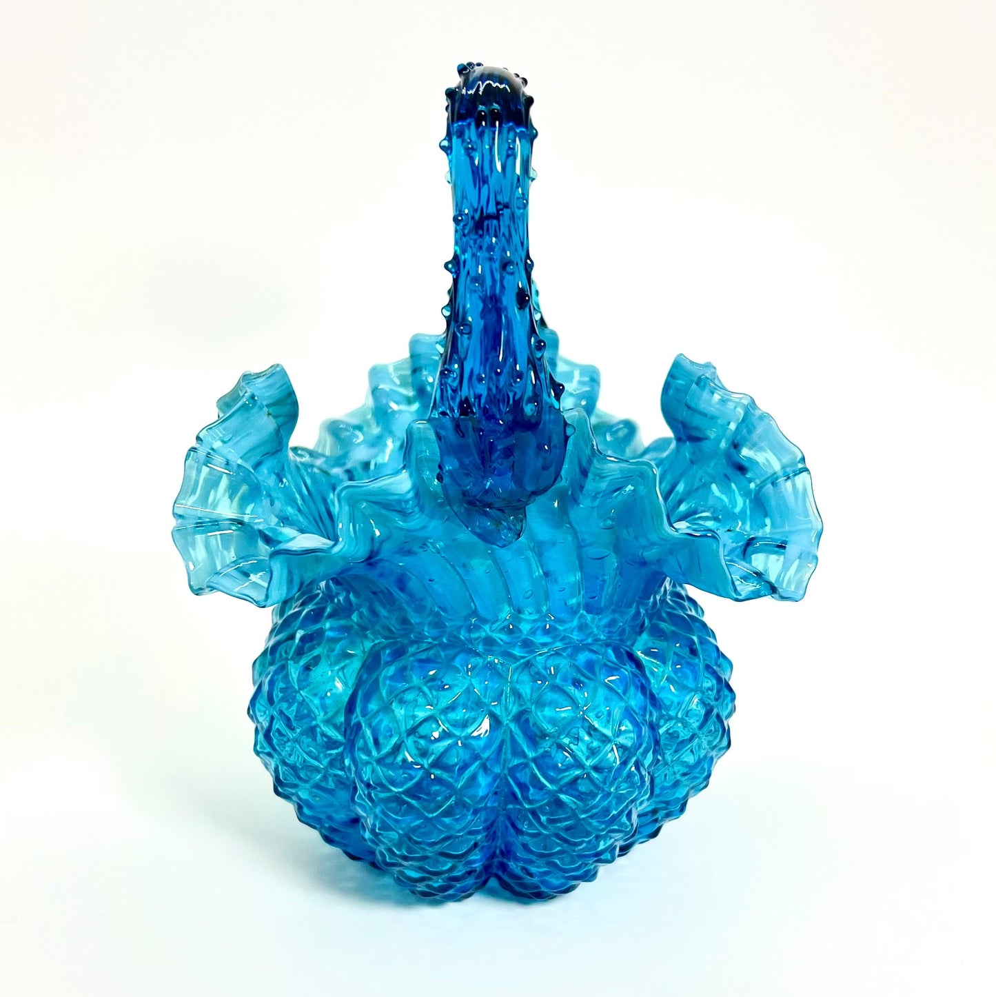 Blue Basket Vase, Victorian Hand-blown Glass with Thorn Handle