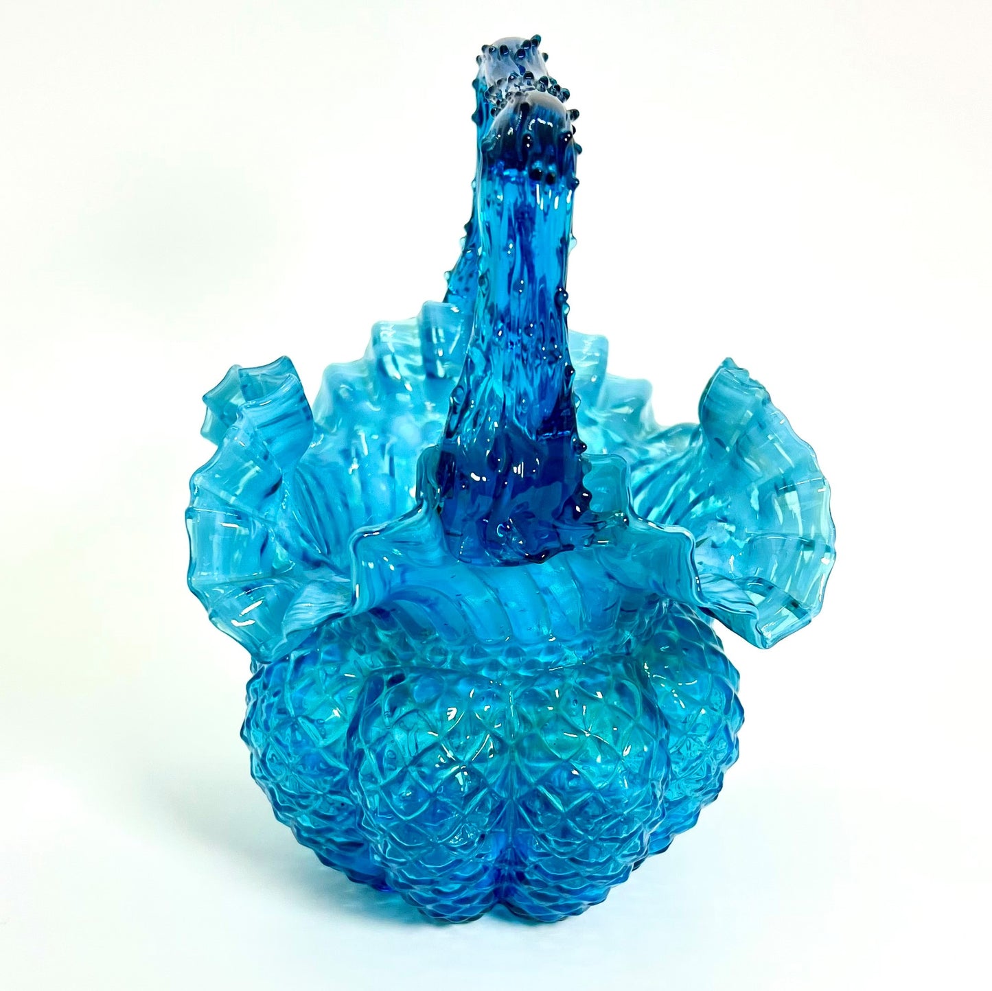Blue Basket Vase, Victorian Hand-blown Glass with Thorn Handle