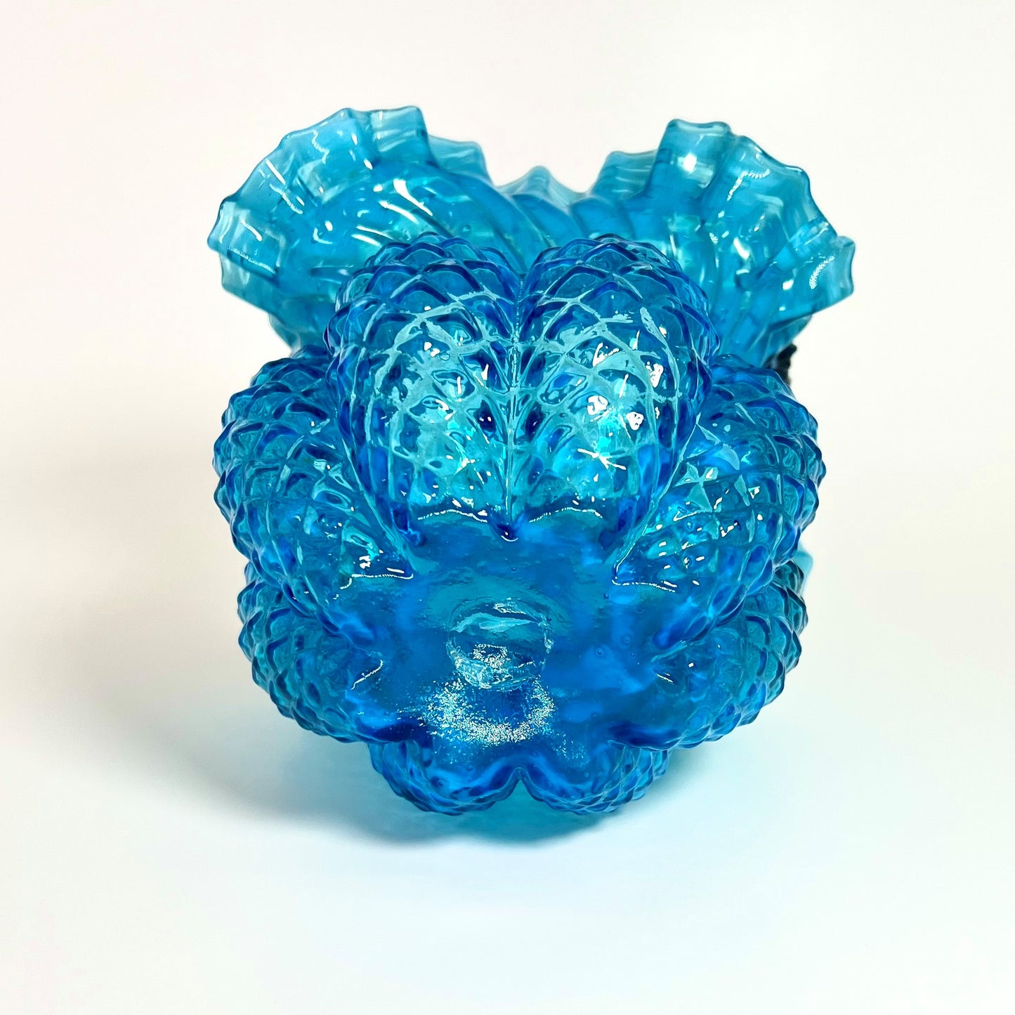 Blue Basket Vase, Victorian Hand-blown Glass with Thorn Handle