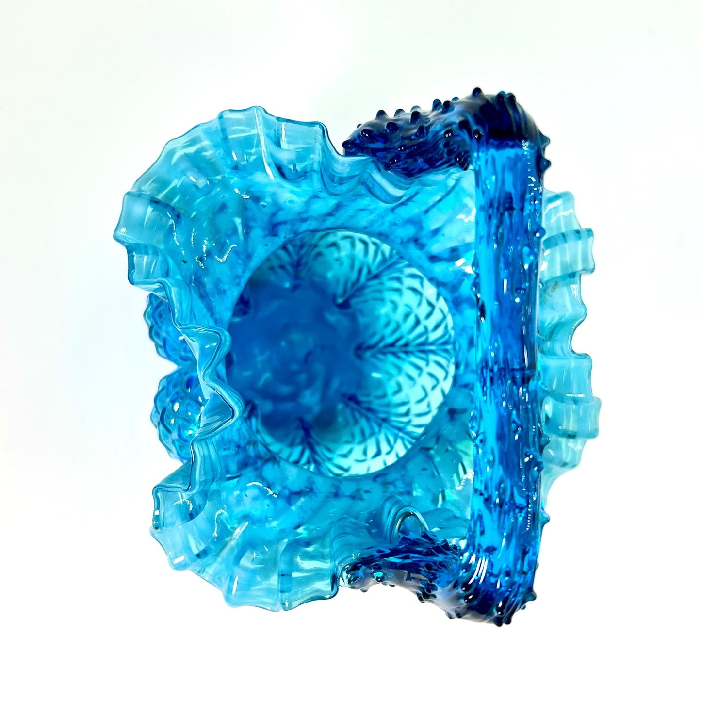 Blue Basket Vase, Victorian Hand-blown Glass with Thorn Handle