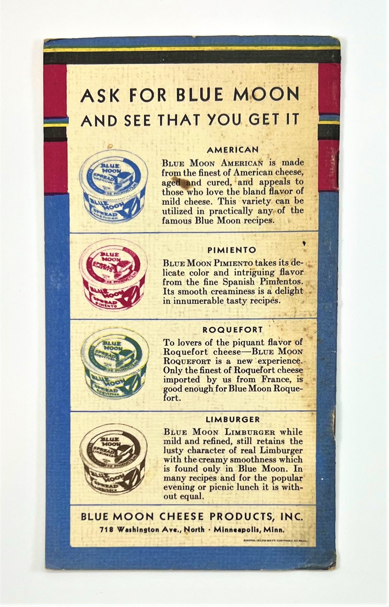 Blue Moon Cheese Products Recipe Cookbooklet, c. 1920s