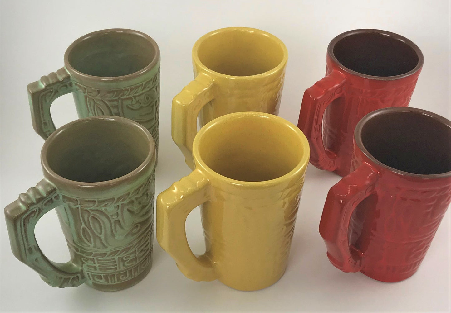 Frankoma Pottery Mug Set of Six, Mayan-Aztec Pattern
