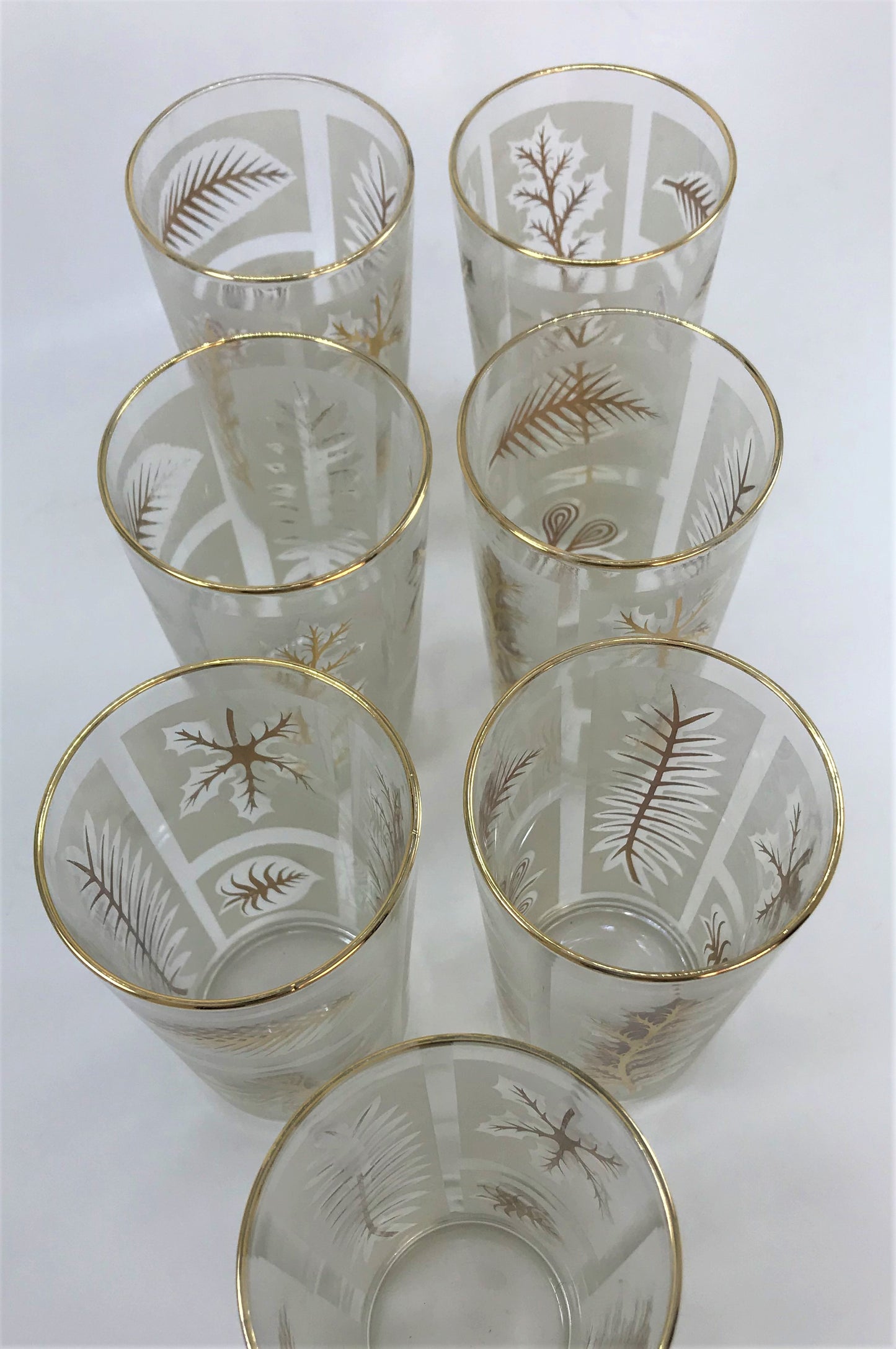 Mid-century Frosted Drinks Glass Set of Seven, Gold-rimmed with Leaf Pattern