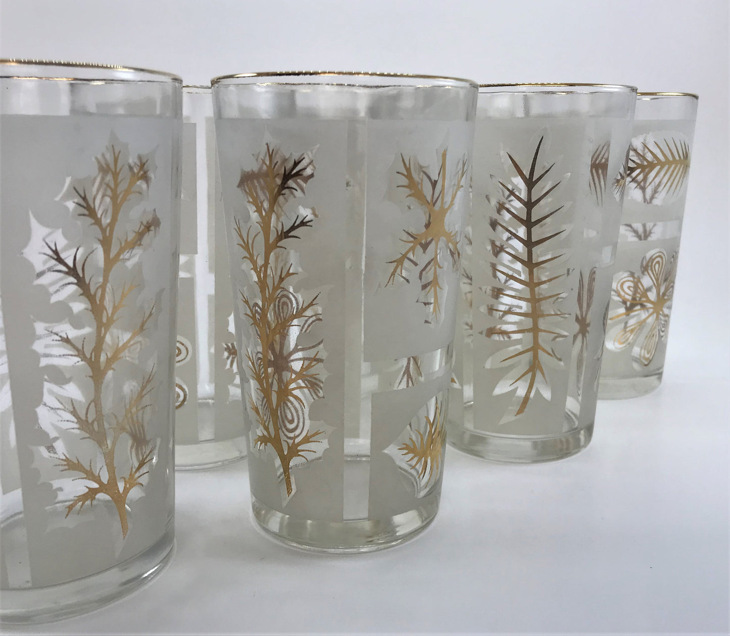 Mid-century Frosted Drinks Glass Set of Seven, Gold-rimmed with Leaf Pattern