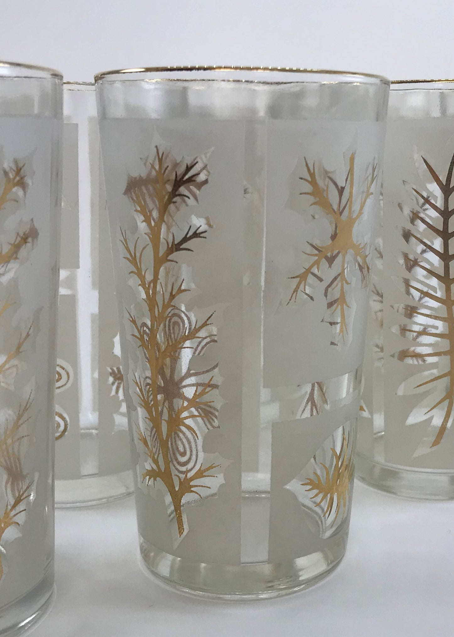 Mid-century Frosted Drinks Glass Set of Seven, Gold-rimmed with Leaf Pattern