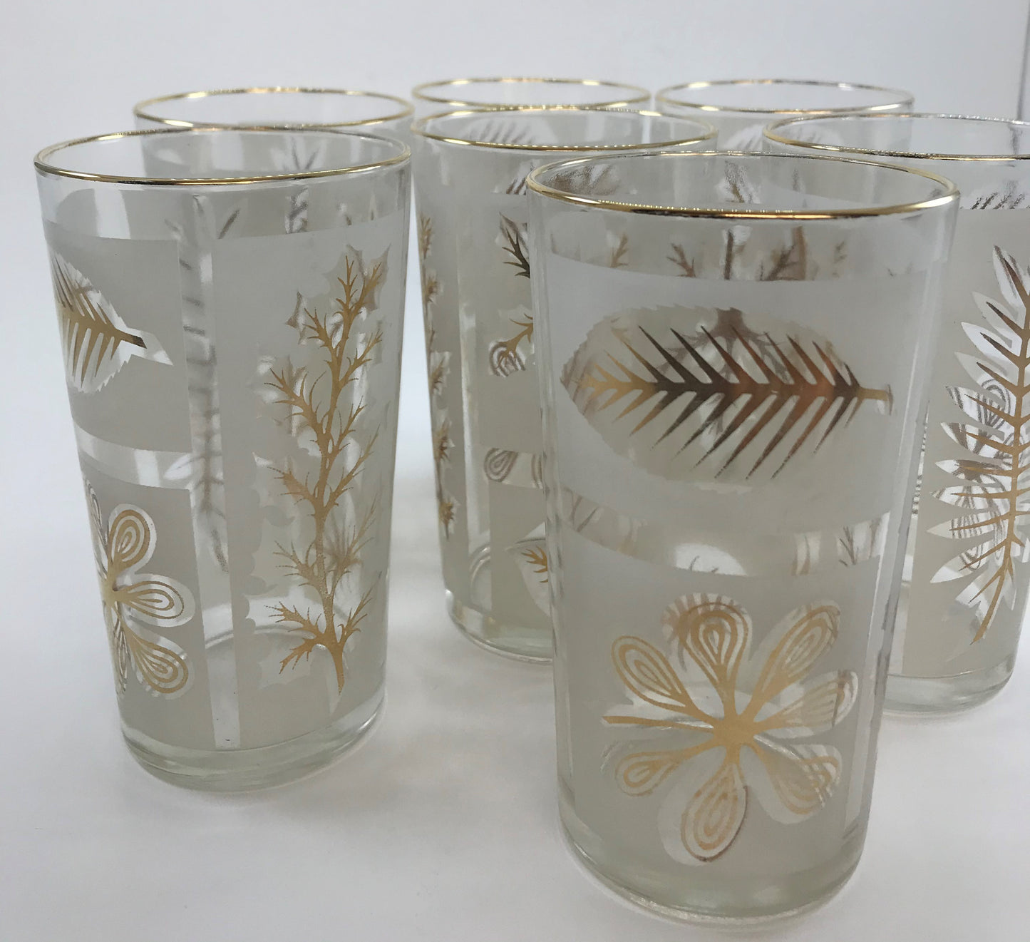 Mid-century Frosted Drinks Glass Set of Seven, Gold-rimmed with Leaf Pattern