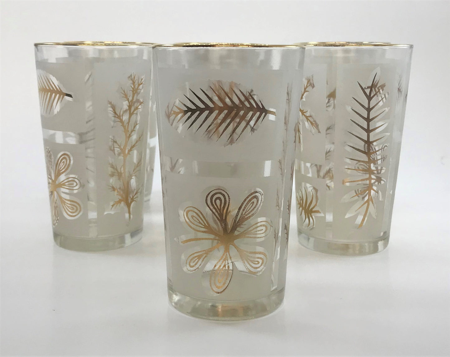 Mid-century Frosted Drinks Glass Set of Seven, Gold-rimmed with Leaf Pattern