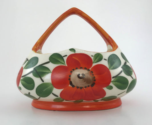 Coronet Poppy Basket Vase Planter, Hand-painted, Czechoslovakia 1920s