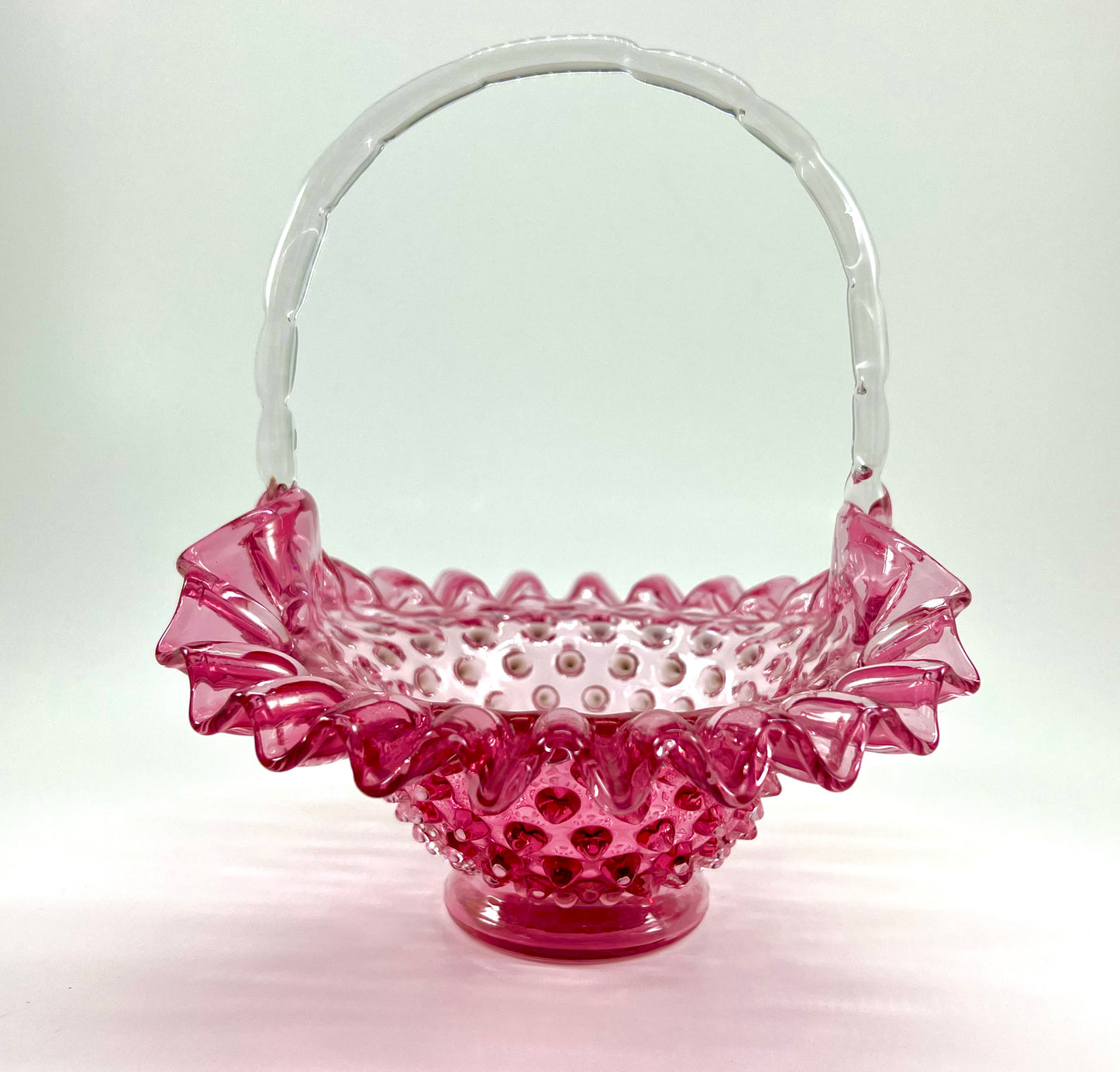 Hobnail Glass Basket, Pink with Clear Bamboo Handle and Crimped Ruffled Edge