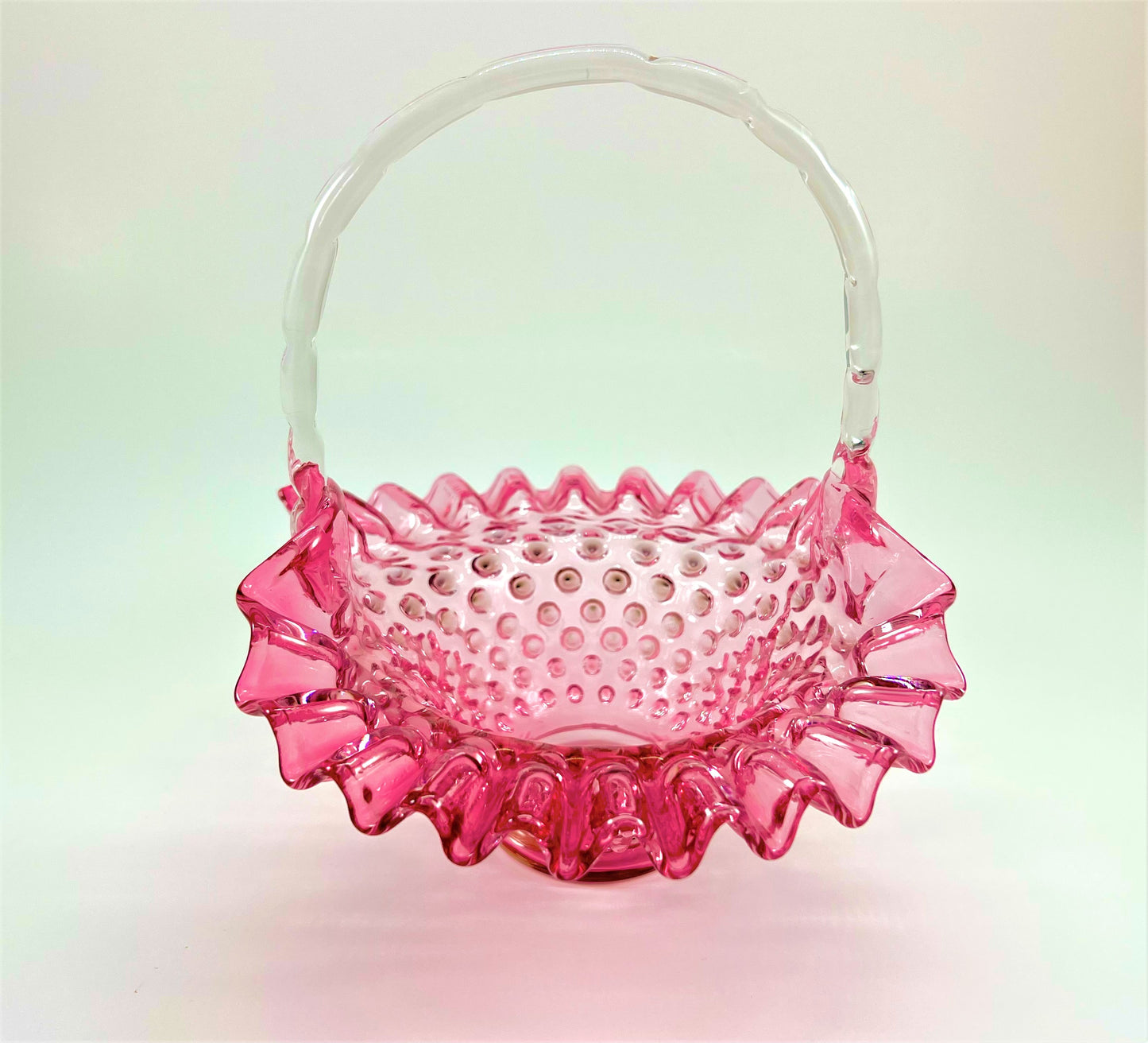 Hobnail Glass Basket, Pink with Clear Bamboo Handle and Crimped Ruffled Edge