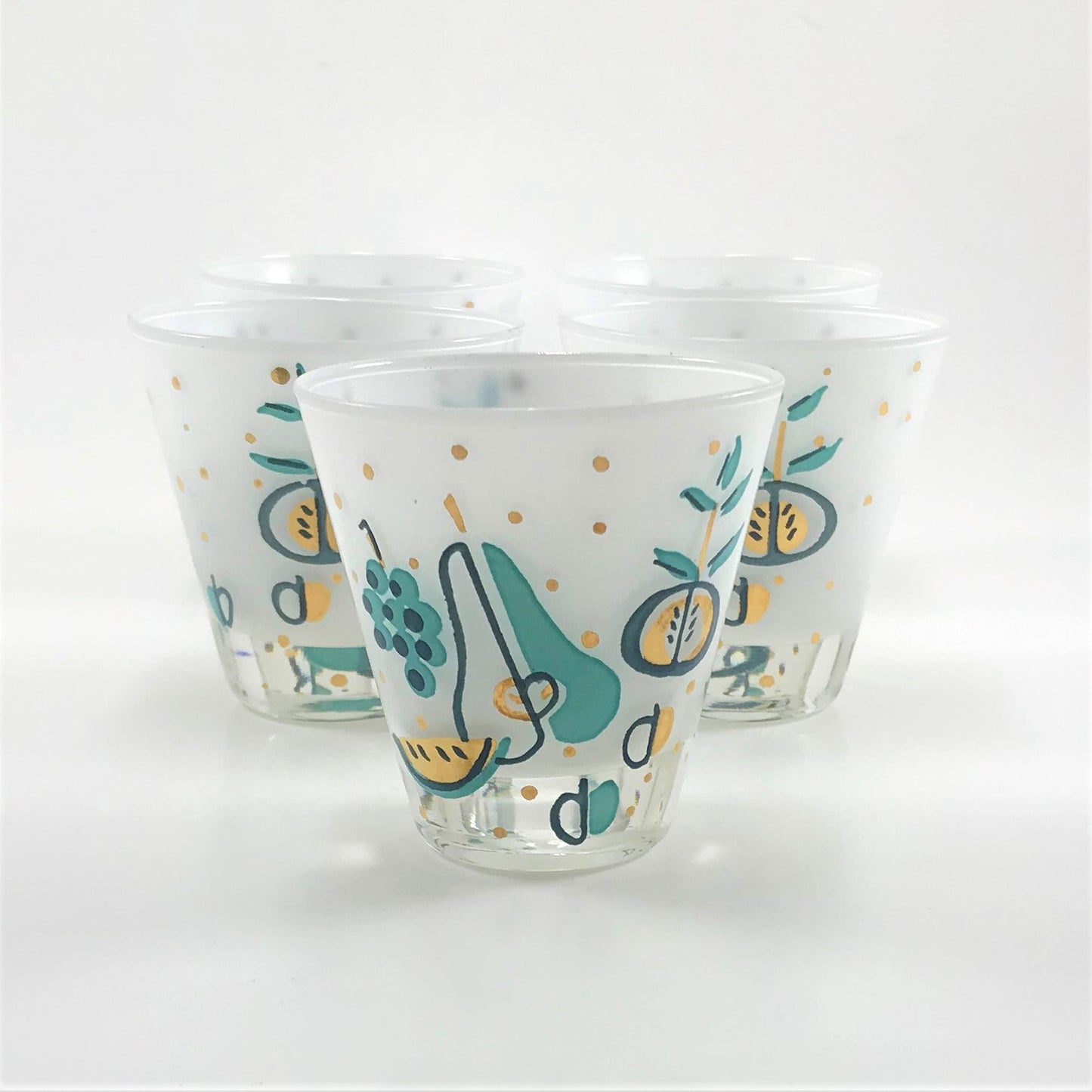 Mid-century Fruit Juice Glass Set of Five, Turquoise and Gold with Grapes, Pears, Watermelons, and Apples