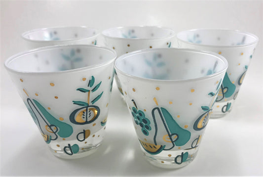 Mid-century Fruit Juice Glass Set of Five, Turquoise and Gold with Grapes, Pears, Watermelons, and Apples