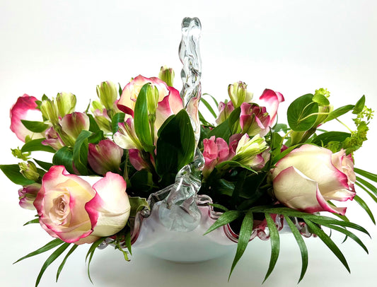 Pink Hand-blown Spangle Glass Basket, Ruffled with Twisted Handle, possibly Bohemian