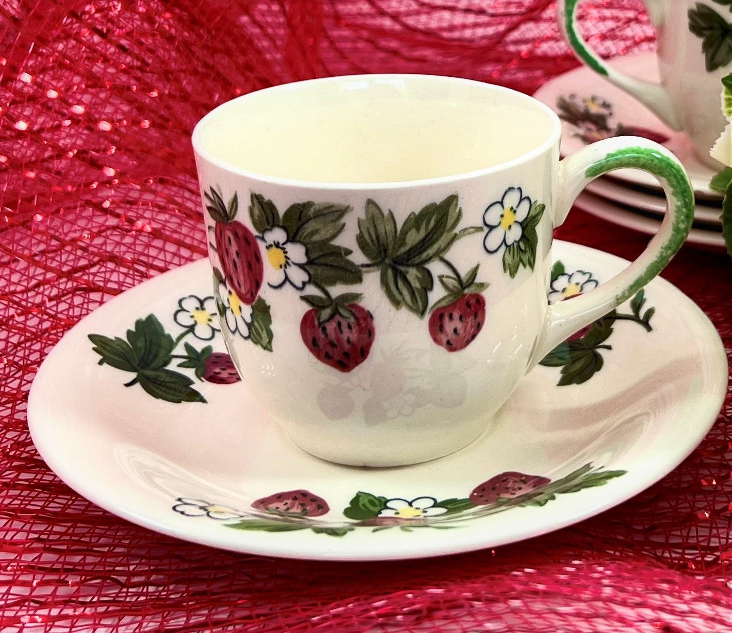 Strawberries and Flowers, Paden City Pottery Shenandoah Ware Demitasse Cup and Saucer, Set of Four