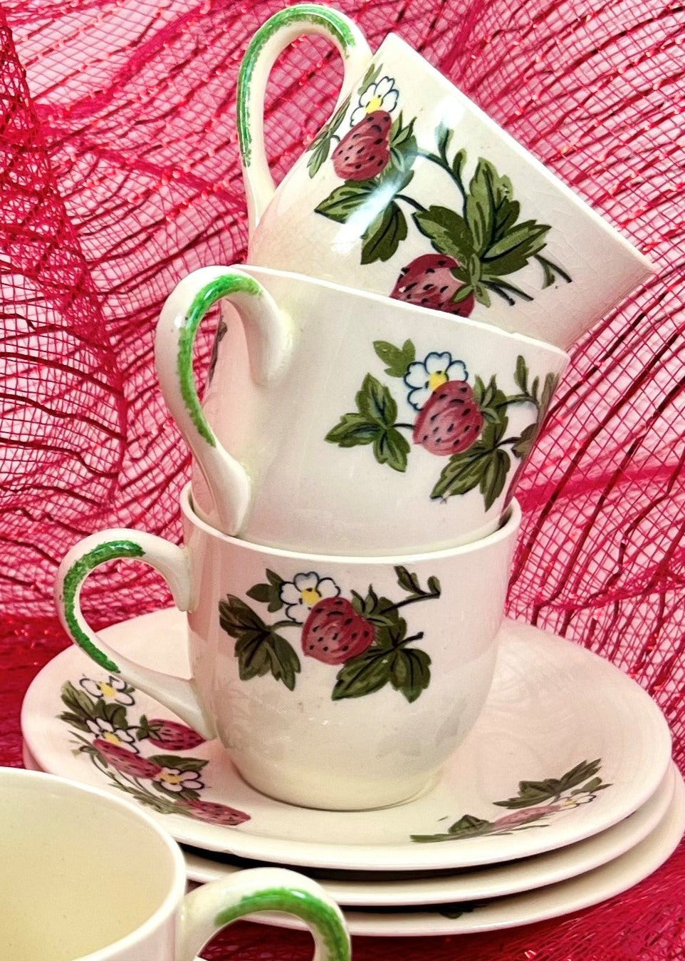 Strawberries and Flowers, Paden City Pottery Shenandoah Ware Demitasse Cup and Saucer, Set of Four