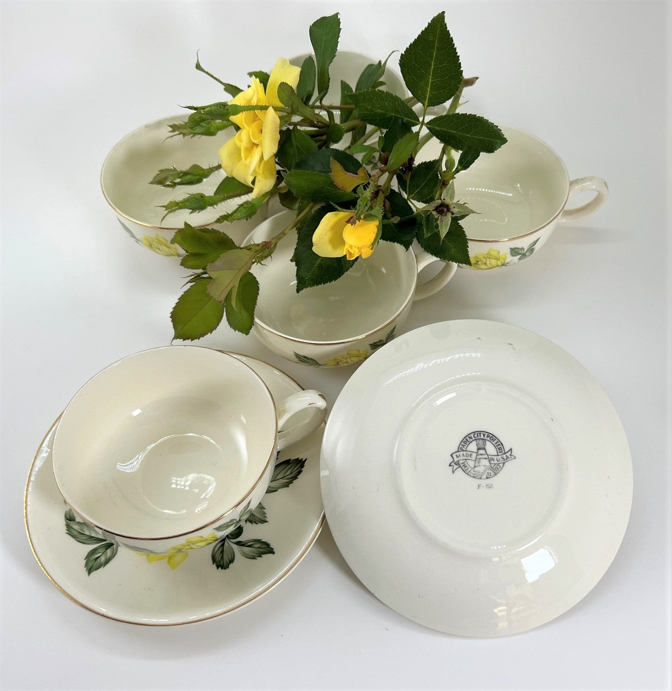 Paden City Pottery Shenandoah Ware "Golden Scepter" Yellow Rose Tea Cup Set of Six