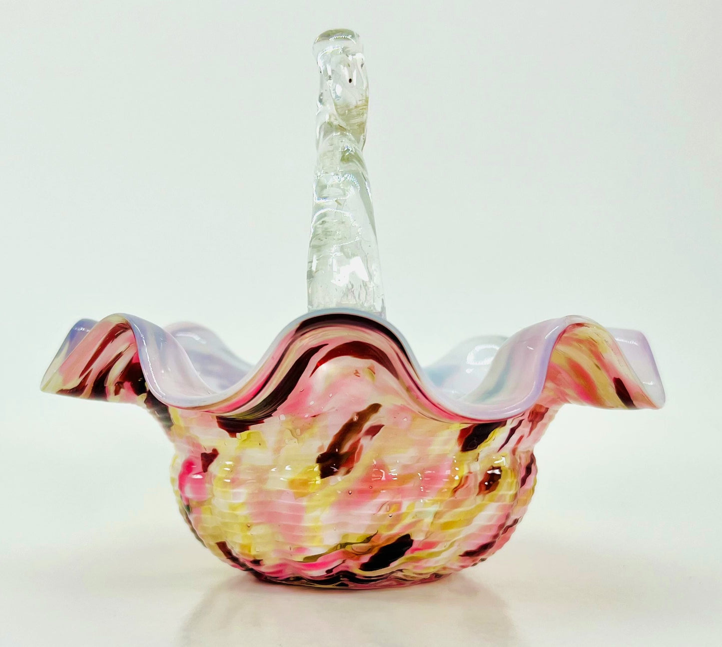 Franz Welz Boehmian Spatter Glass Basket, Pink and Yellow with Ruffled Edge and Looped Handle