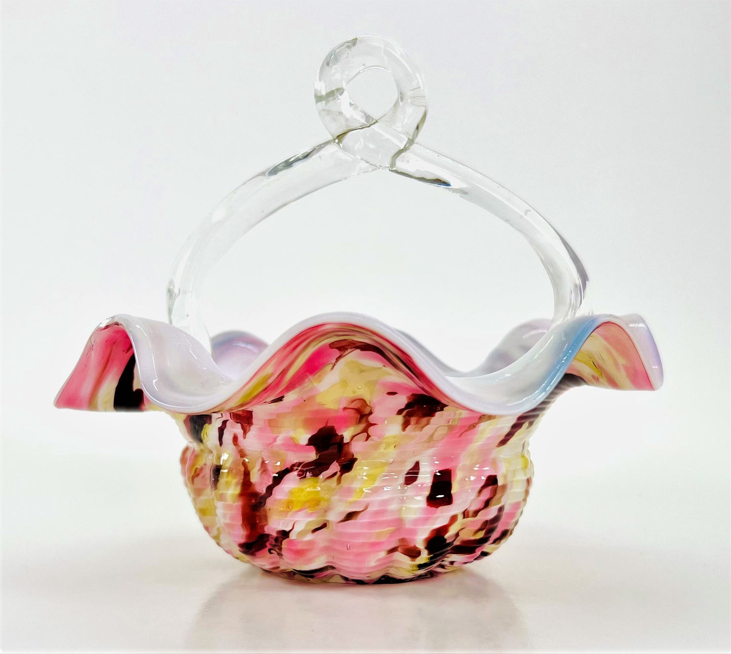 Franz Welz Boehmian Spatter Glass Basket, Pink and Yellow with Ruffled Edge and Looped Handle